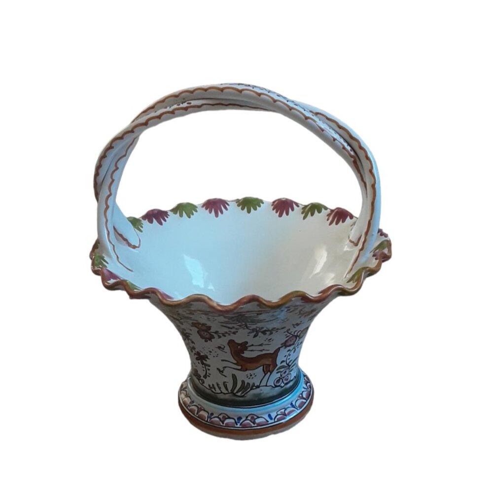 Vintage Handpainted Braided Handle Ceramic Basket. Made In Portugal